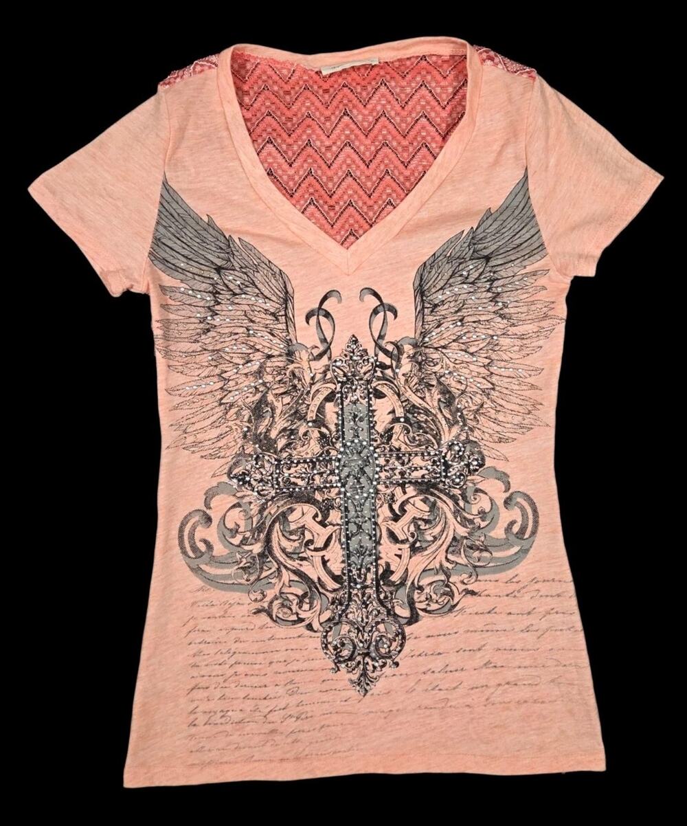 Y2K Angels & Diamonds V-neck Shirt Rhinestones Cross Wings Tribal Peach Small